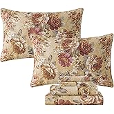 FADFAY Sheets Set King Tan Peony Floral Bed Sheet Set Vintage Farmhouse Bedding 100% Cotton Ultra Soft Breathable Bedding with Deep Pocket Fitted Sheet 4Pcs, King Size