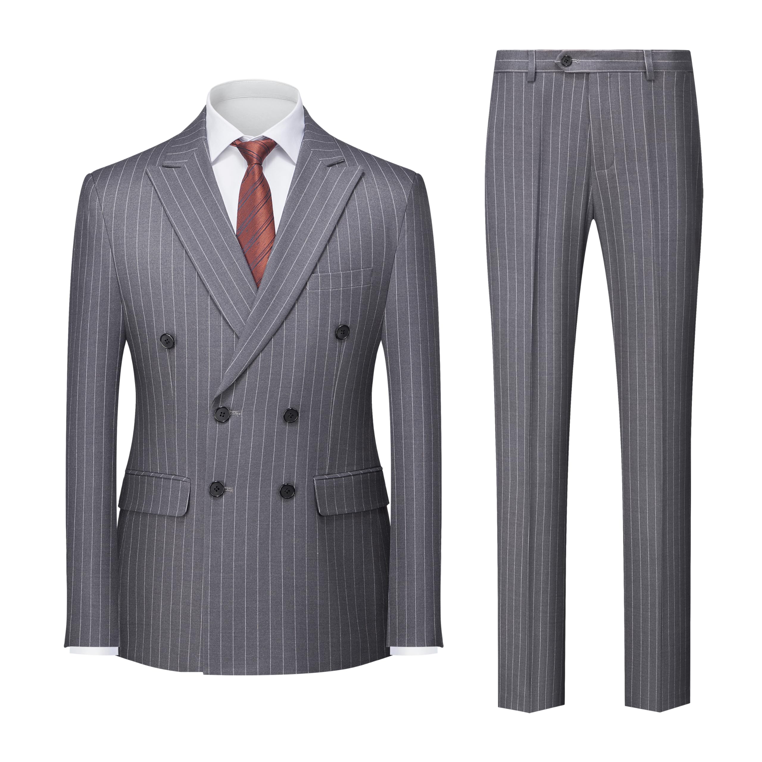 Photo 1 of MOGU Mens Double Breasted Pinstripe Suit 2 Piece Slim Fit Tuxedo Formal Jacket and Pants for Business Wedding Prom Size S Dark Grey