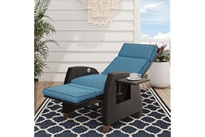 Grand patio Outdoor Recliner Chair Patio 150° Lay Flat Recliner with Flip Table Wicker Reclining Lounge Chair Peacock Blue