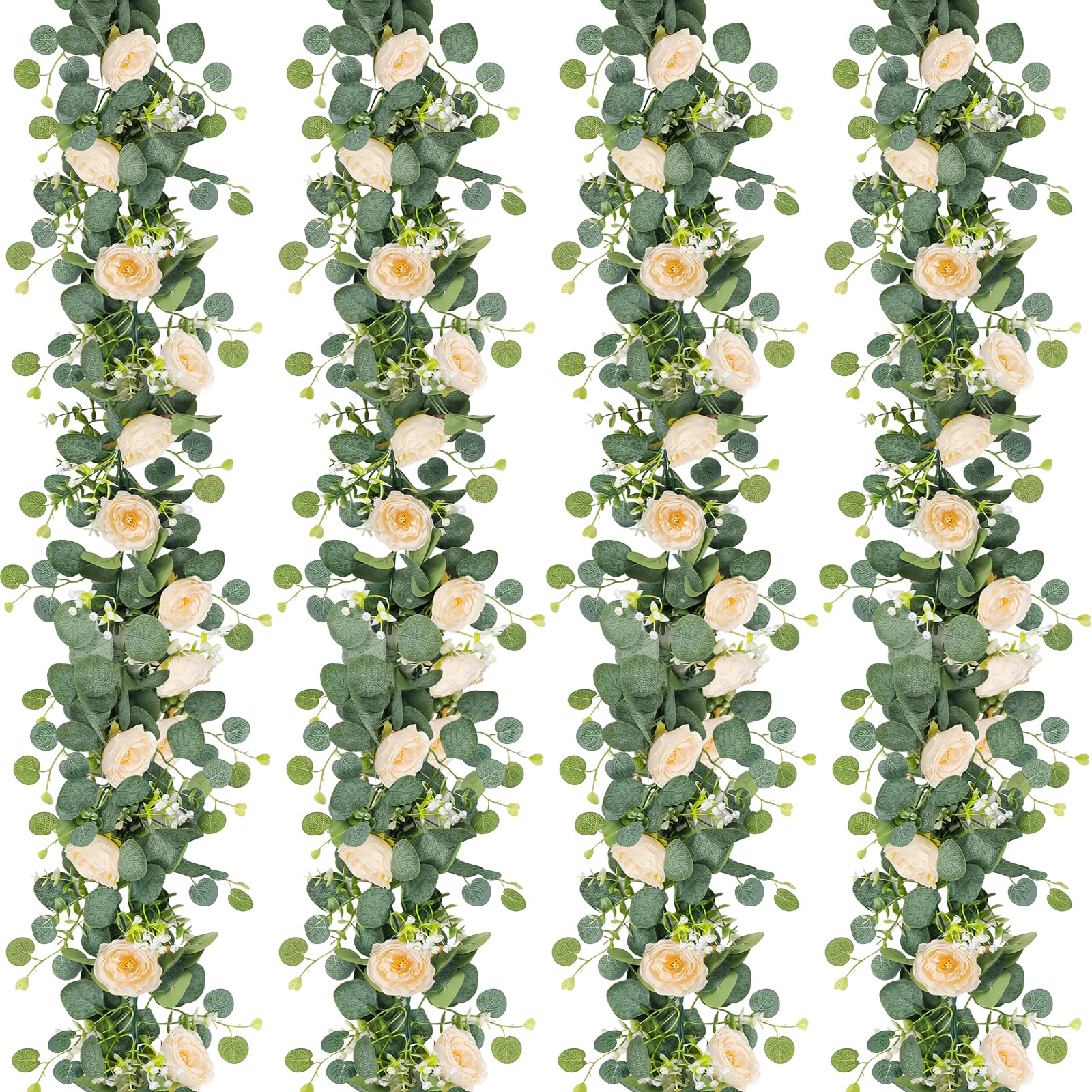 UXORSN 4PCS 24FT Artificial Eucalyptus Flower Garland with Champagne Rose Fake Plants Silk Floral Greenery Garland Faux Gypsophila Ivy Vine for Wedding Decoration Home Party Table Runner Decor