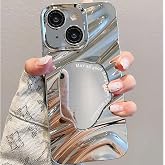 Mephoro Mirror Case for iPhone 13, Built-in Make up Mirror, Water Ripple Pattern, Fashion Luxury Plating, for Women and Girls, Soft Flexible Wave Frame Shap, Silver