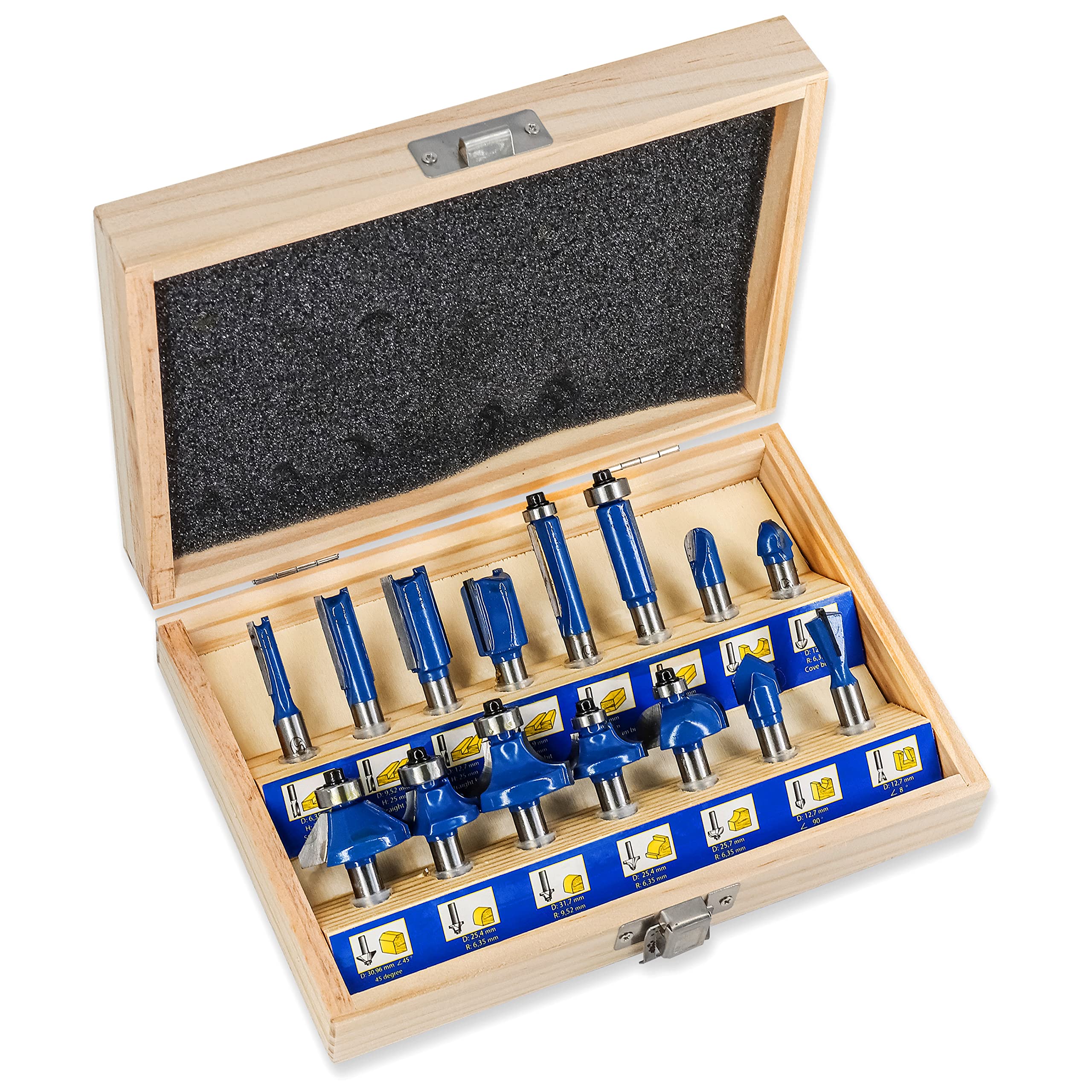 S&R Router Bit Set 15 pcs, HM, shank 8mm, forged tool steel, cutting plates made of HM in wooden box