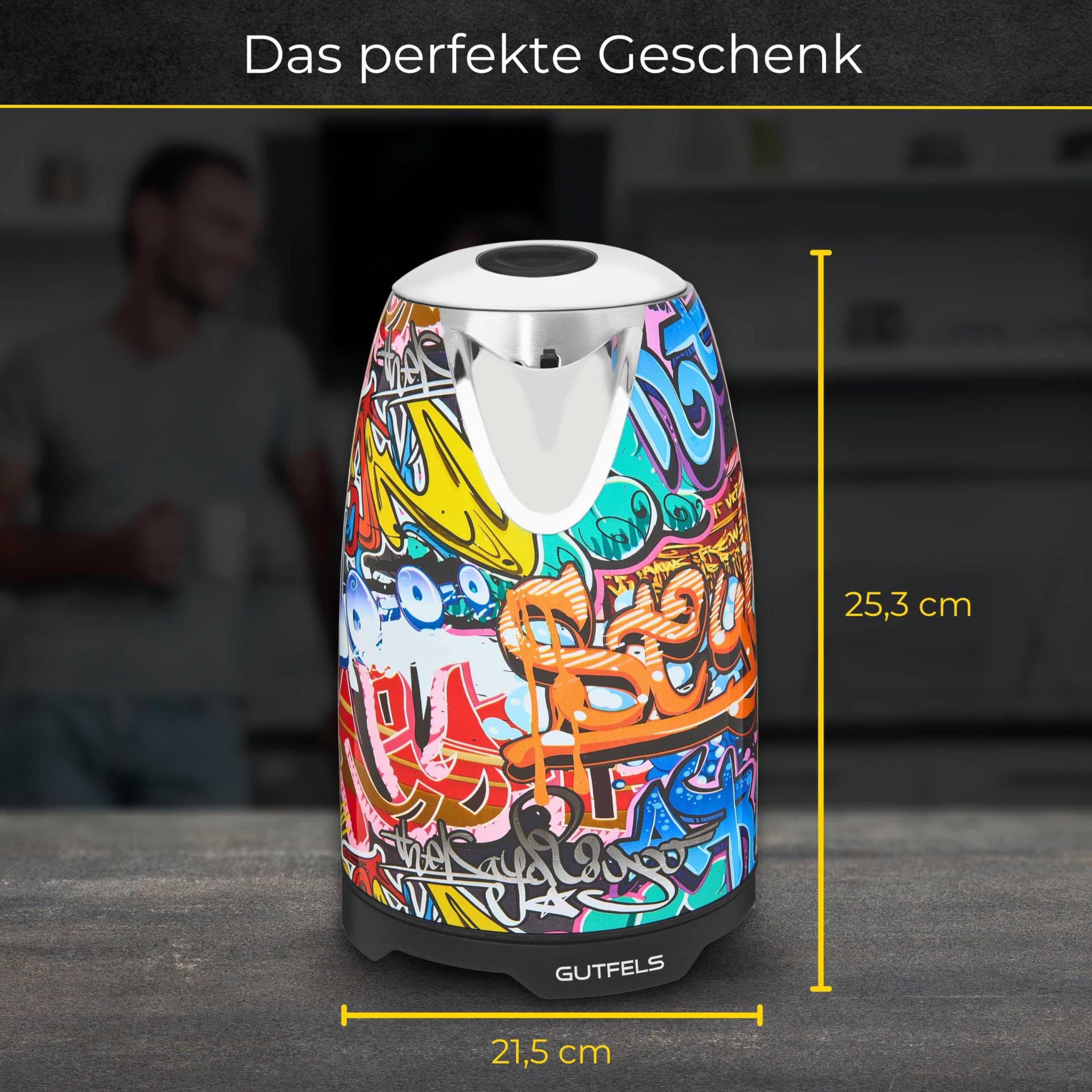 GUTFELS Wasserkocher Bunt WATER 3010 G – Graffiti-Style Design, 1,7 Liter, 2200 Watt, Kalkfilter, Uberhitzungsschutz, Trockengehschutz, 360-Grad-Sockel 8