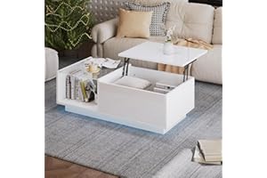 Merax Lift Up Coffee Table with Hidden Storage, High Gloss Centre Table with Lighting, Lifting Sofa Side Table, Space-Saving 