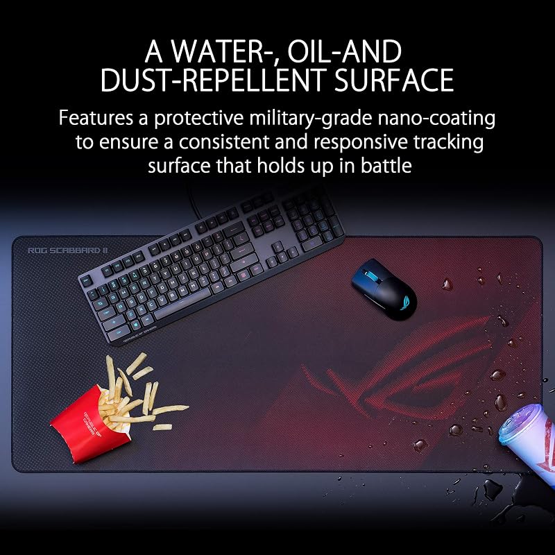 ROG Scabbard II - Tapis de Souris Gamer Grand Format avec revêtement Protecteur(hydrophobe, oléophobe, Anti-poussière), Bords Anti-effilochements Cousus à Plat, Base en Caoutchouc Anti-dérapante