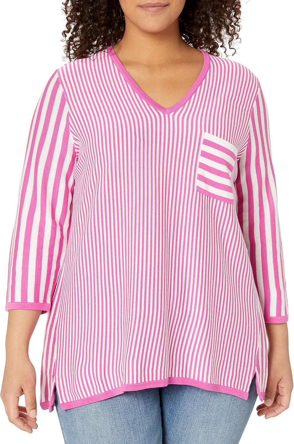 Foxcroft Women's Plus Size Jaden V Neck Stripe Sweater at  Women’s Clothing store