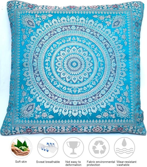 Handgewebtes Seidenkissen Banarasi – Mandala-Muster, 40x40 Cm, Türkis, Mit Reißverschluss, Von Kunsthandwerkern Gefertigt
