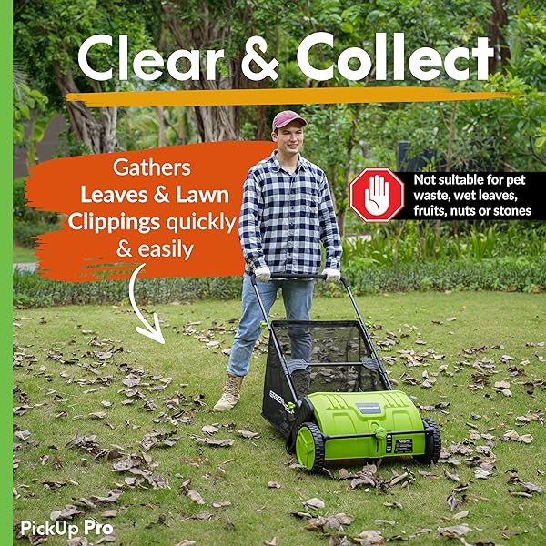PICKUP PRO 2 LEAF & LAWN SWEEPER – PUSH POWERED GARDEN SWEEPER FOR GRASS CLIPPINGS, LEAVES & DEBRIS – MANUAL PUSH YARD SWEEPER WITH HEIGHT ADJUSTMENT & LARGE COLLECTION HOPPER