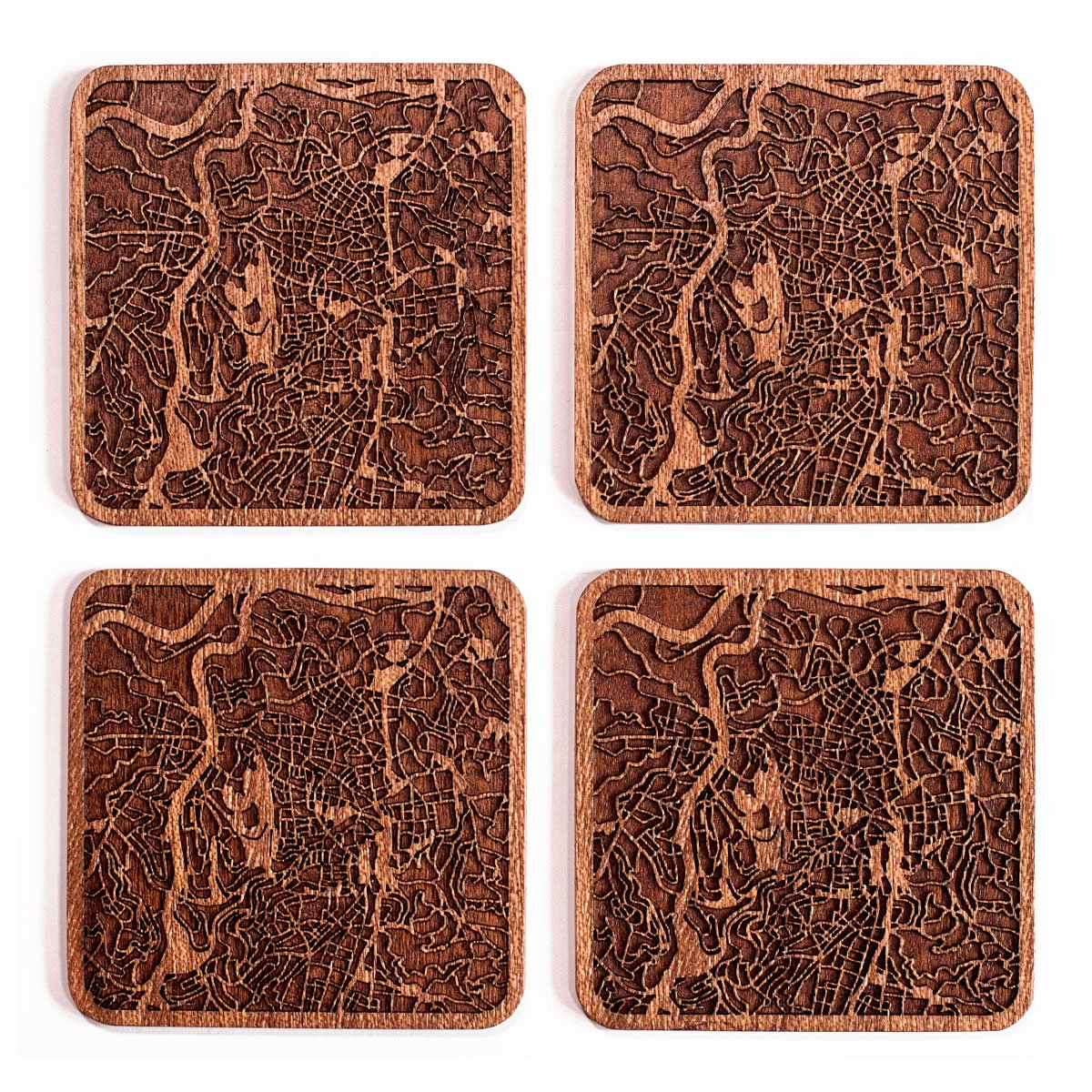 Jerusalem Map Coaster, Set of 4, Sapele Wooden Coaster with City Map, Handmade