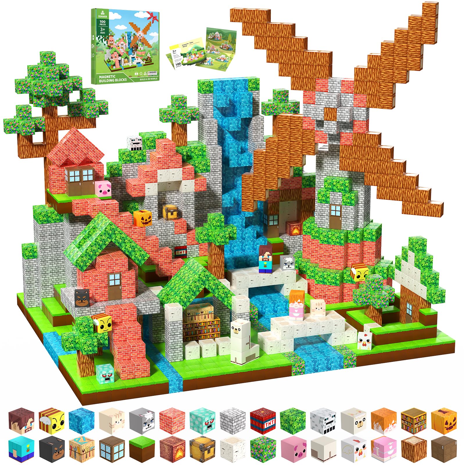 SSAWER Magnetic Blocks, 100PCS Magnetic Building Blocks, Stacking Magnets for Kids, STEM Constructions Magnet Blocks for Boys Girls Age 3+, Christmas Birthday Gifts(Forest House)