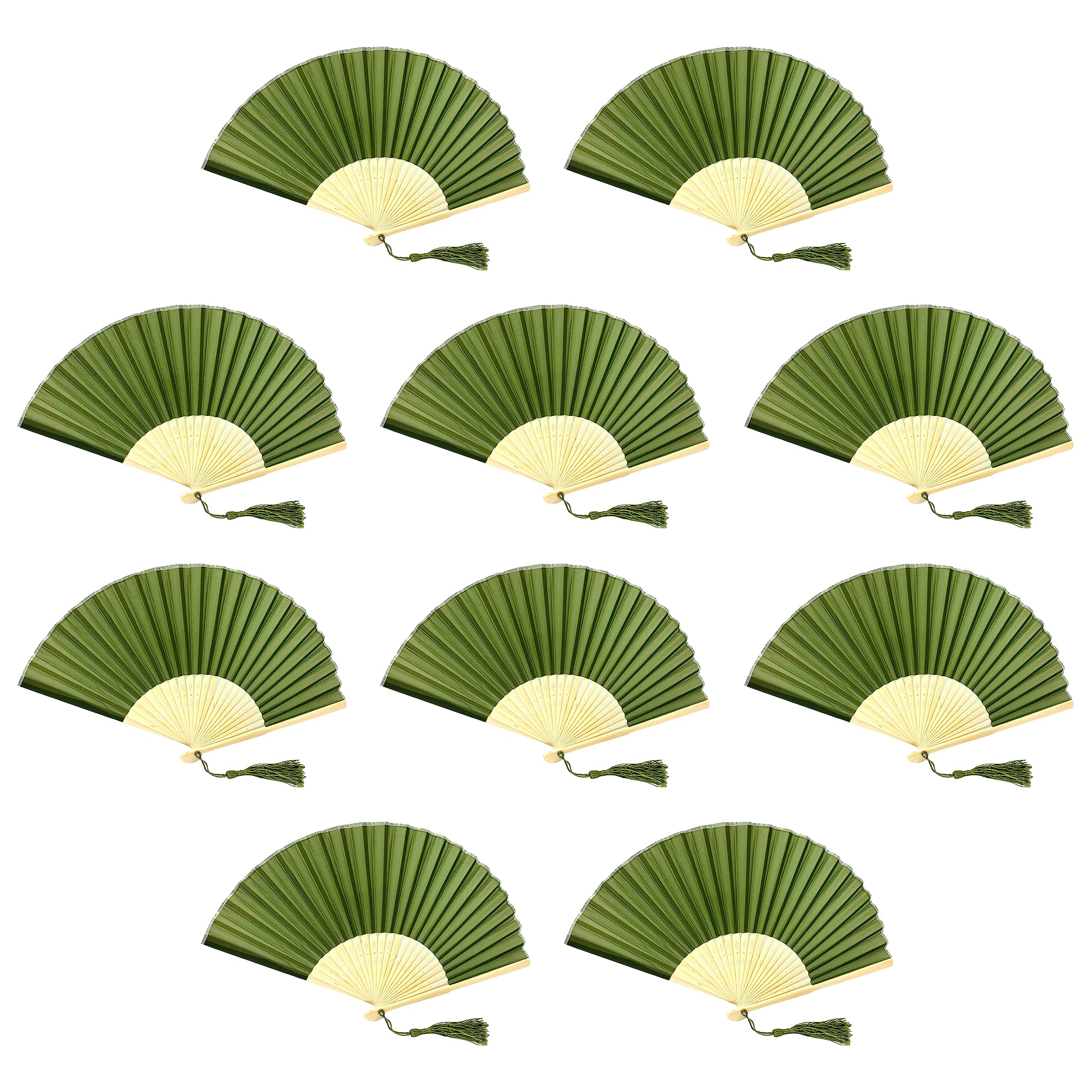 FANSOF.FANS Pack of 10 Chinese Folding Hand Fans – Silk Fabric Handheld Fan with Bamboo Ribs & Tassel, Wedding Fans for Guests, Bridal Shower & Hen Party Favours, Paper Fan Style Wedding Props