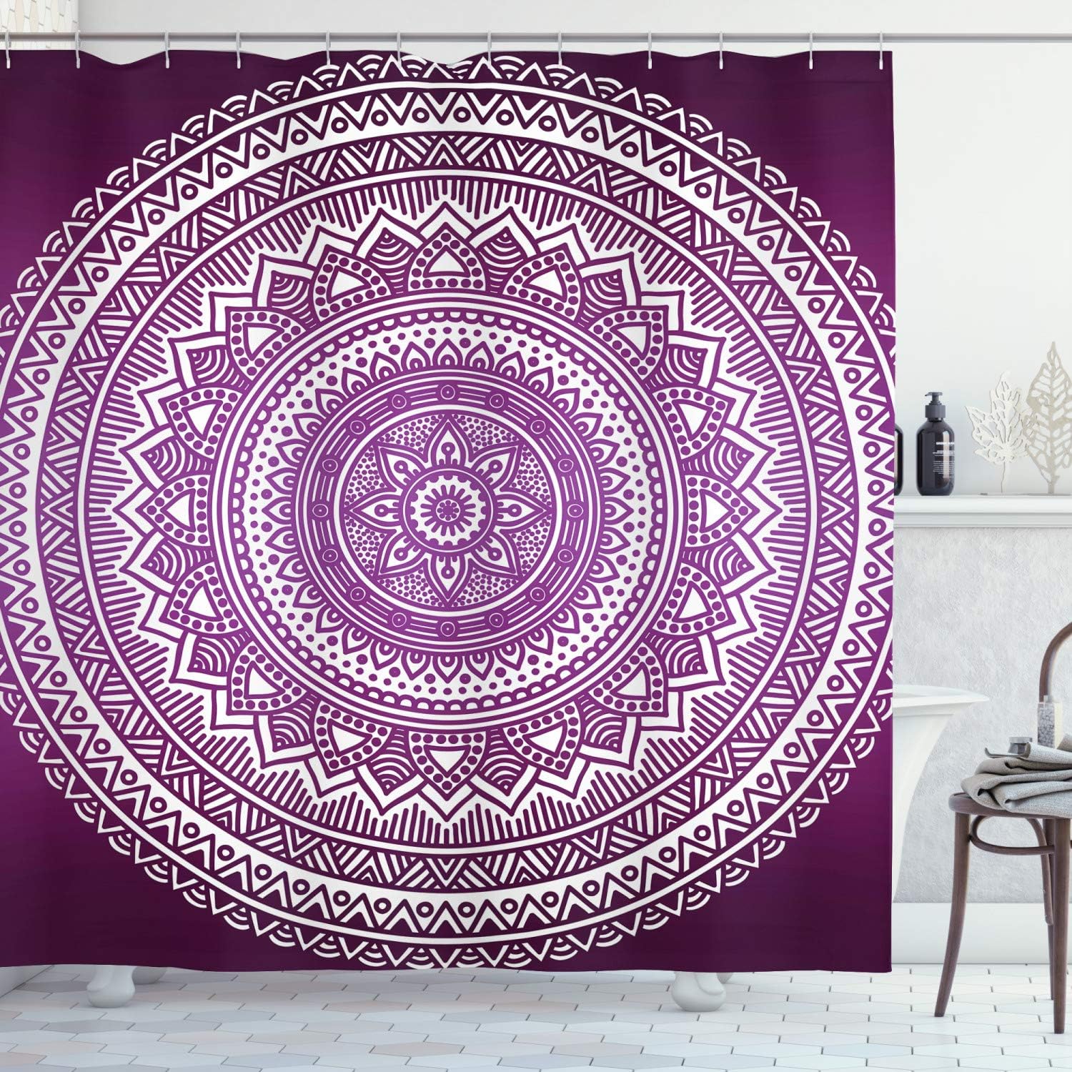 Amazon Com Ambesonne Purple Shower Curtain Ombre Mandala Art