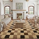 WondRg 8x10 Checkered Area Rug Brown Fluffy Shag Living Room Throw Carpet Washable Non-Slip Soft Pile Fuzzy Large Rug for Bedroom Dorm Bathroom Dining Room Home Aesthetic Decor