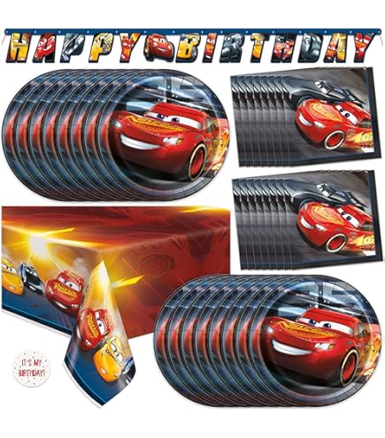 Cars Movie Birthday Party Supplies - Deluxe Decor Kit For 16 Guests With Plates, Cups & More