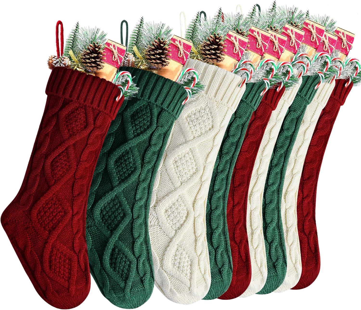 Stockings & Holders - Kunyida Christmas Stockings Bulk, Large 18 Inches Burgundy, Ivory and Green Cable Knit Stocking for Xmas Holiday Decoration, 9 Pack