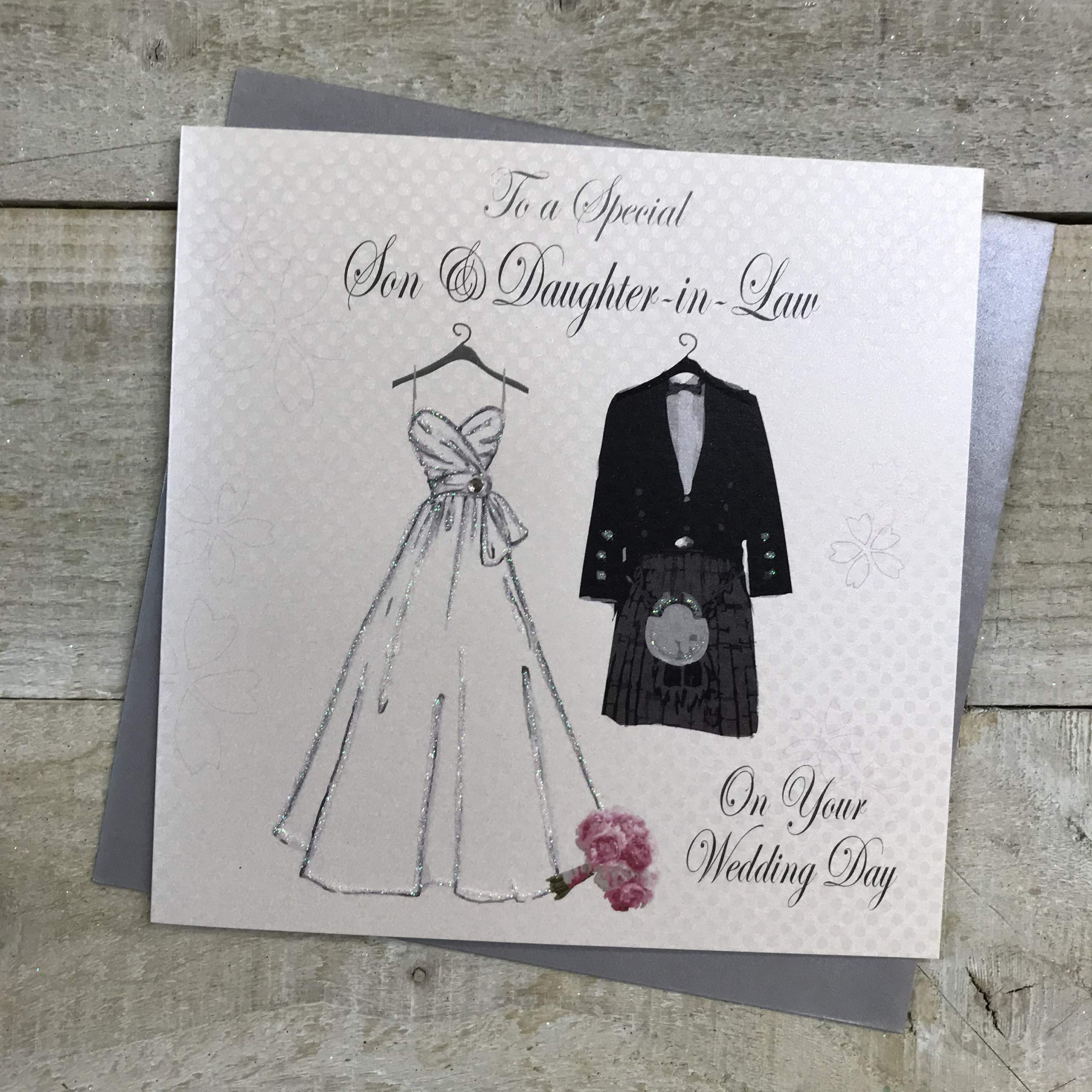 White Cotton Cards To a Special Son and Daughter-in-Law on Your Wedding Day Bride Gown and Kilt Handmade Scottish Card, PS3