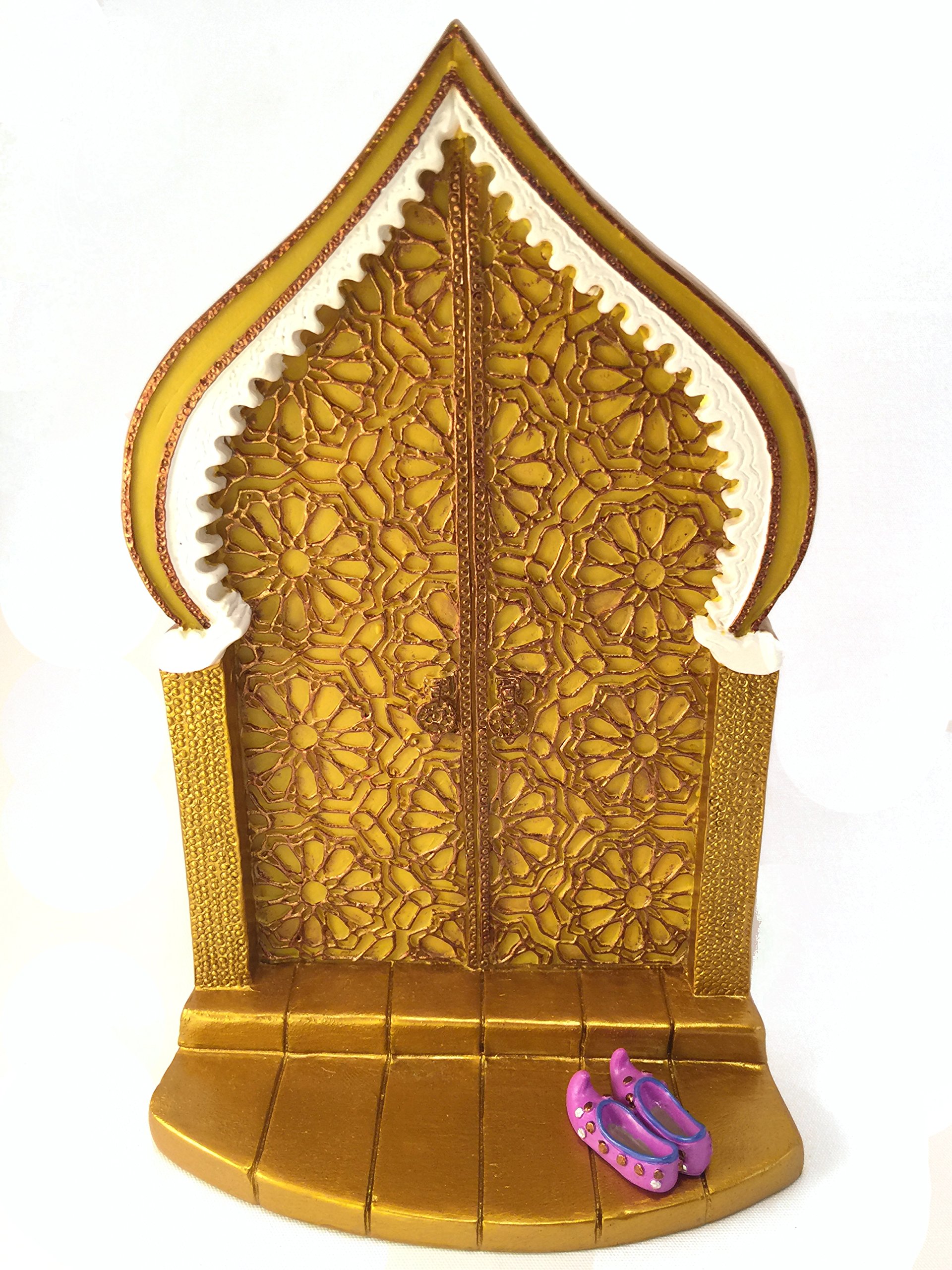 Miniature Fairy Door for a the Enchanted Garden Fairies and Gnomes - A Beautiful Golden Moroccan Style Miniature Door with Removable Purple Fairy Shoes