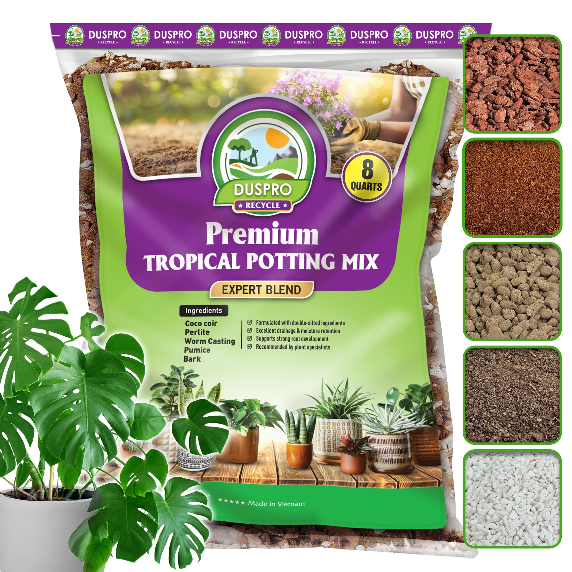 Photo 1 of DUSPRO Recycle Tropical Potting Mix Pre-Mixed 5in1 with Pine Bark, Coco Coir, Perlite, Worm Casting & Pumice Ideal Aroid Mix Soil for Monstera, Pothos, Philodendron, Other Indoor HousePlants 8QRT