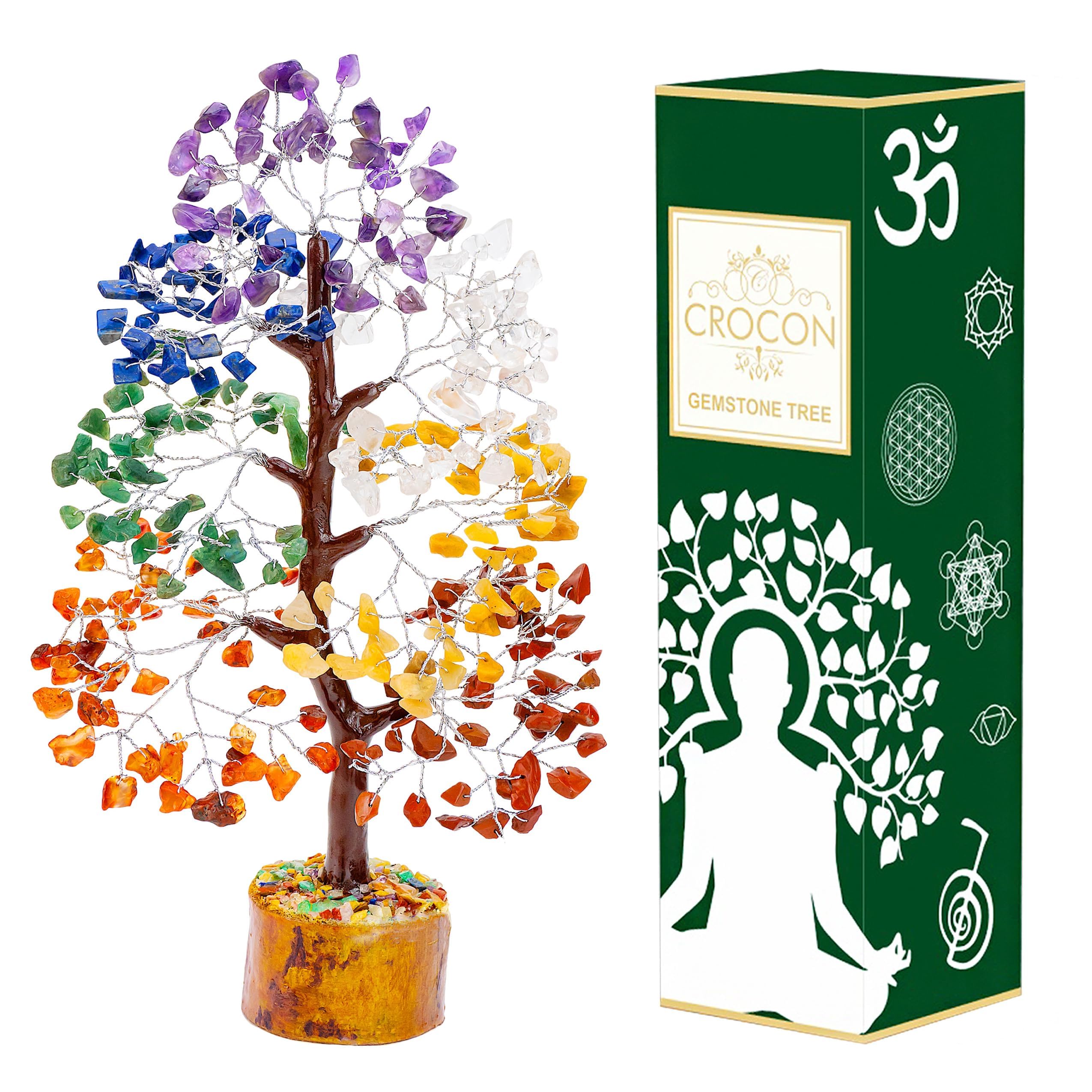 Crocon® 7 Chakra Tree of Life - Crystal Tree for Positive Energy - Handmade Gemstone Tree, Seven Chakra Tree, Good Luck Money Tree Bonsai, Healing Crystals - Meditation Stone, Spiritual Gift