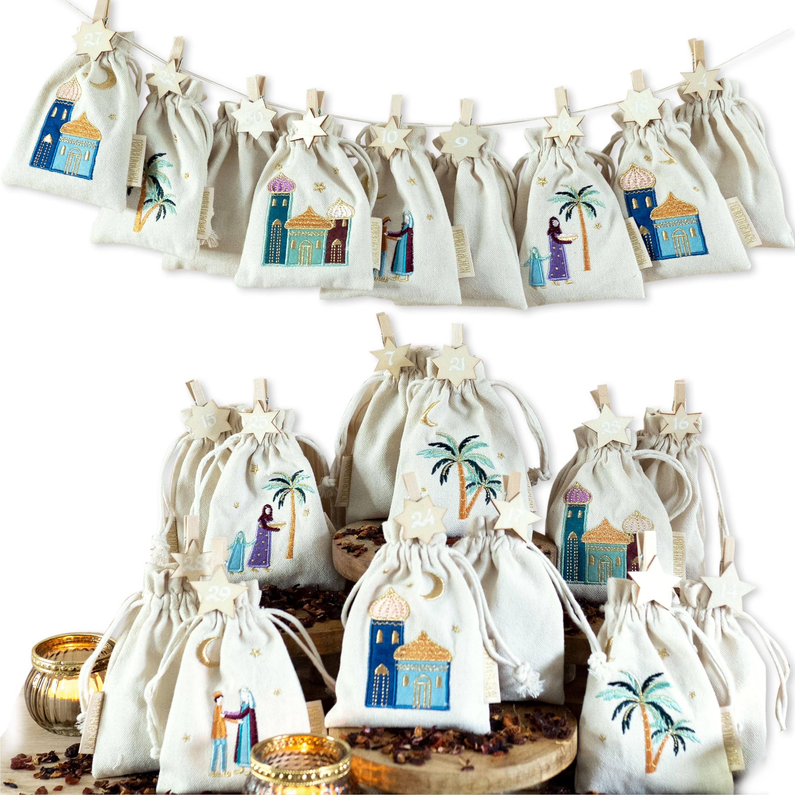 Papierdrachen DIY Ramadan Calendar for Filling - for Children and Adults - 30 Embroidered Cotton Bags with Numbers Wooden Clips and Cotton Cord - Colourful - Reusable - Set of 7