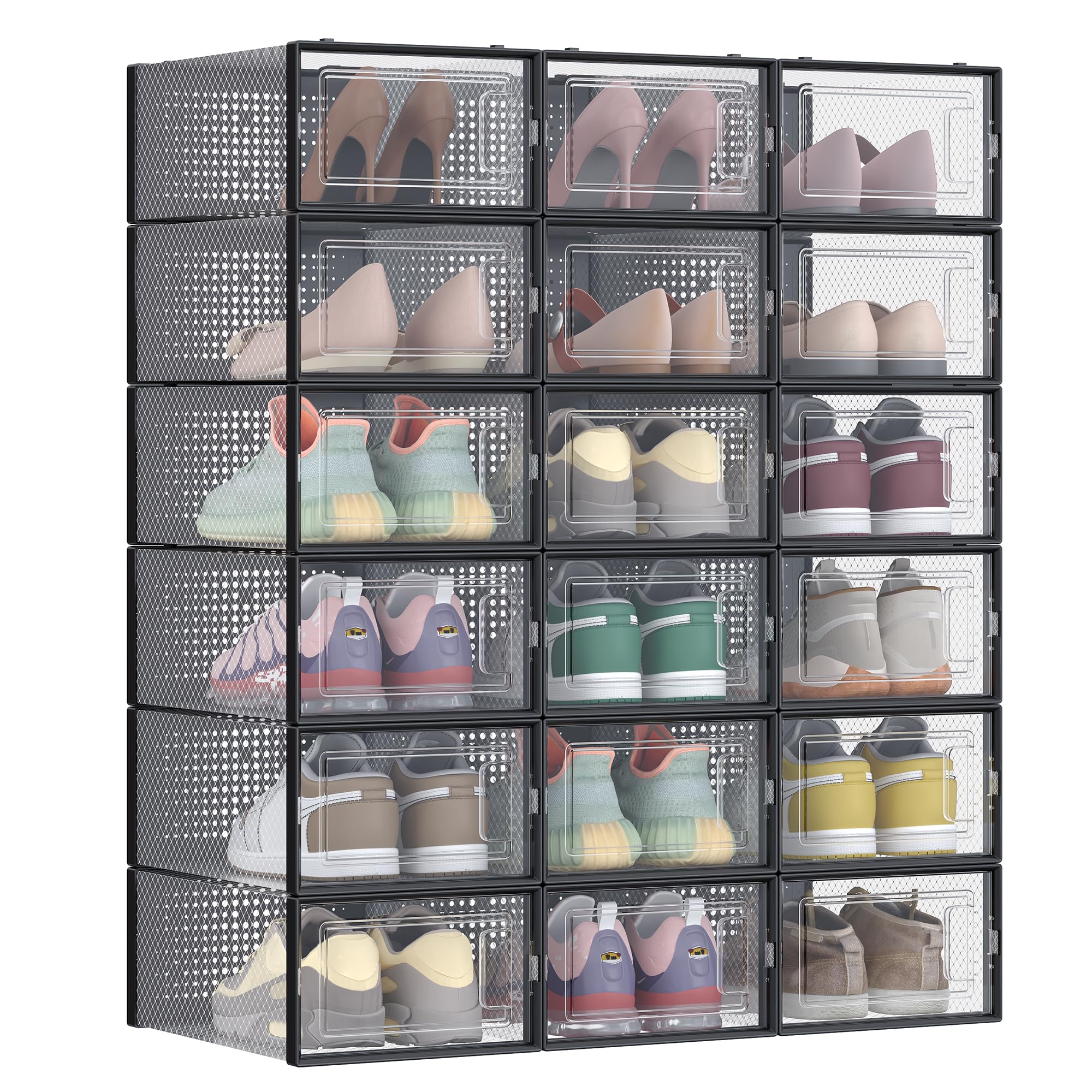 SONGMICS Shoe Boxes, Pack of 18 Stackable Shoe Storage Organisers, Foldable and Versatile for Sneakers, Fit up to UK Size 9.5, Transparent and Black LSP18SBKV1