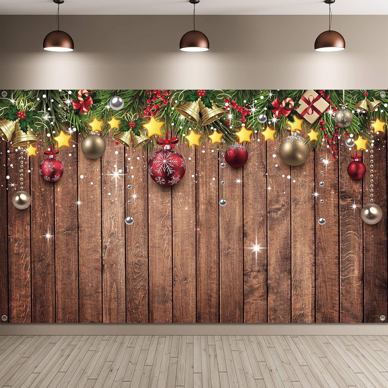 Christmas Backdrop Fabric Wood Pattern Merry Xmas Ornaments Pine Tree Photo Background, 72.8 x 43.3 Inch, Multicolor