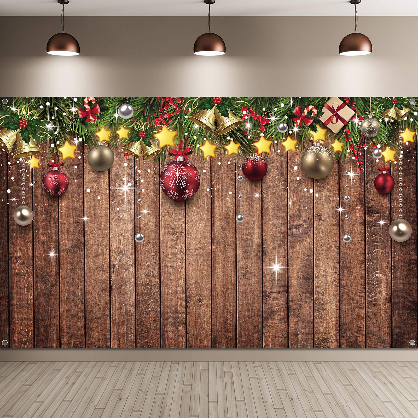 Christmas Backdrop Fabric Wood Pattern Merry Xmas Ornaments Pine Tree Photo Background, 72.8 x 43.3 Inch