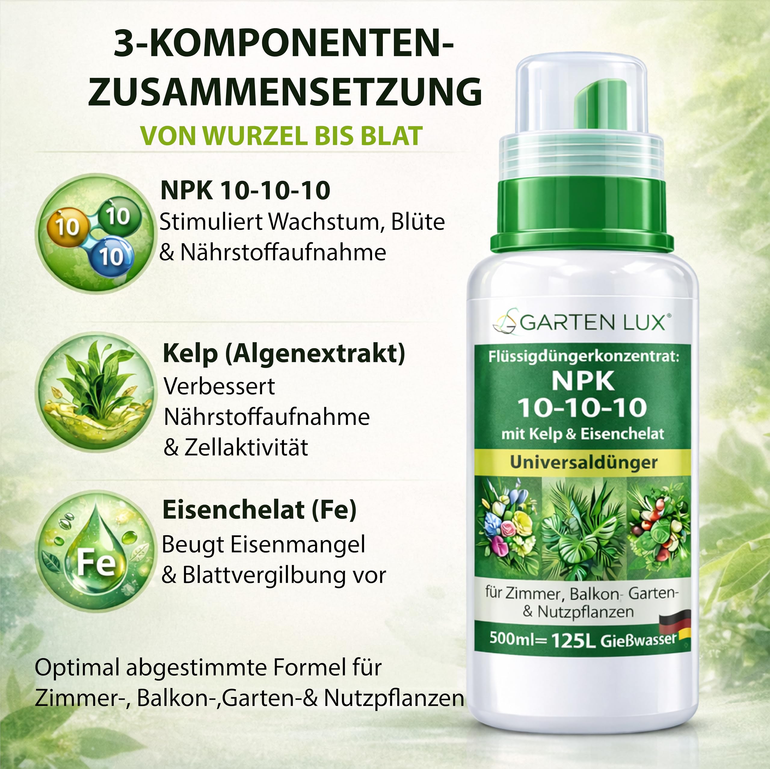 Garten Lux Flüssigdünger Konzentrat NPK 10-10-10 mit Kelp & Eisenchelat – Universaldünger für Zimmer-, Balkon-, Garten- & Nutzpflanzen, 500 ml (125 L Gießwasser) 3