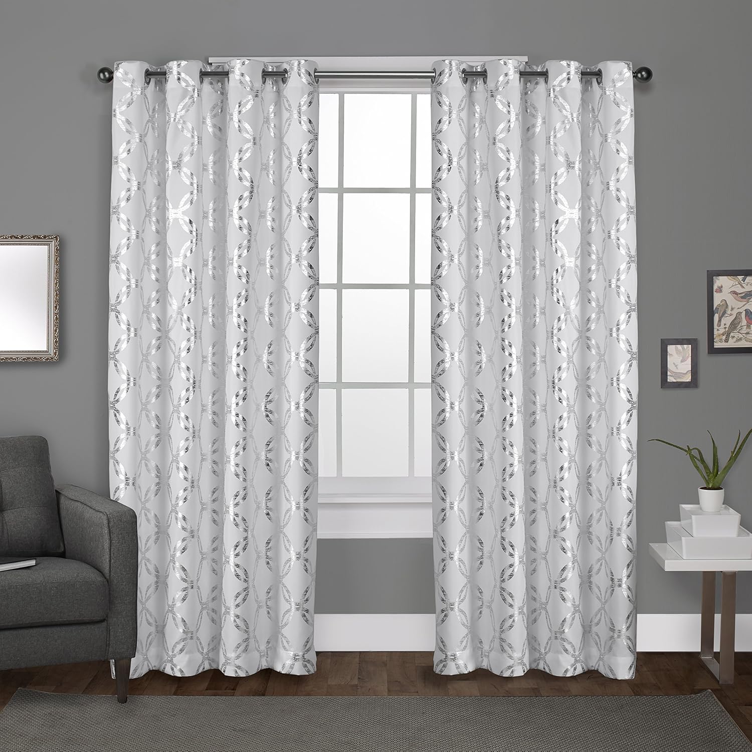 Exclusive Home Modo Metallic Geometric Grommet Top Curtain Panel Pair, Winter White, 54x96, 2