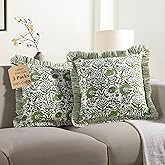 CPC Agate Green Ruffle Throw Pillow Covers for Couch, 20x20 Inch Cotton Stripe Ruffle Couch Pillows for Living Room, Hidden 16 Inch Zipper Boho Pillow Case or Cute Outdoor Pillows