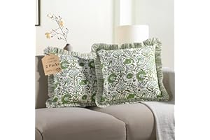 CPC COTTON PRINT CLUB CPC Agate Green Ruffle Throw Pillow Covers for Couch, 18x18 Inch Cotton Stripe Ruffle Couch Pillows for Living Room, Hidden 14 Inch Zipper Boho Pillow Case or Cute Outdoor Pillows