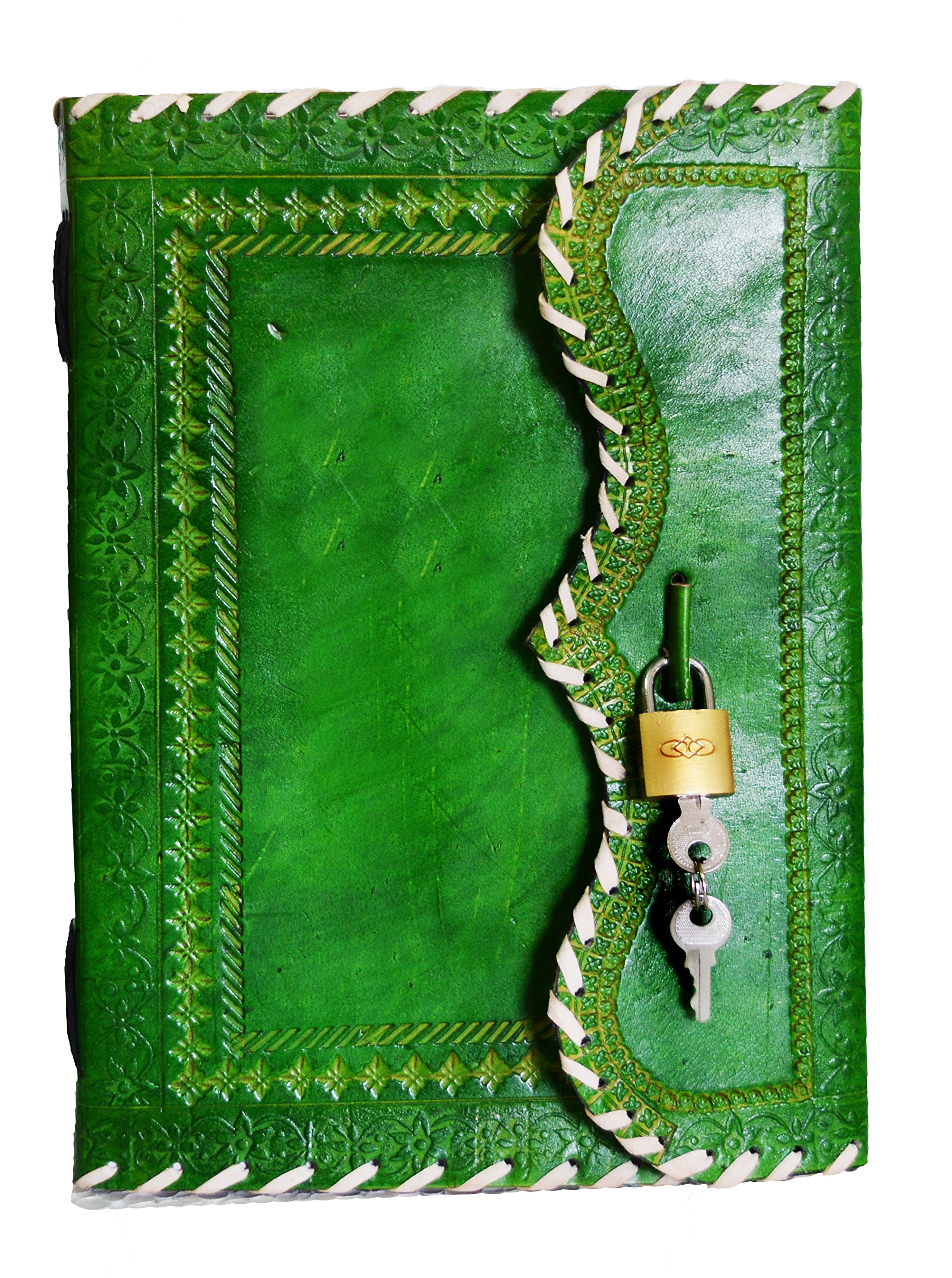 10" Leather Journal with lock Writing Pad Blank Notebook Handmade Notepad Men & Women Unlined Paper Best Present Art Sketchbook Travel Diary To Write Book Of Shadow Refillable Grimoire Green