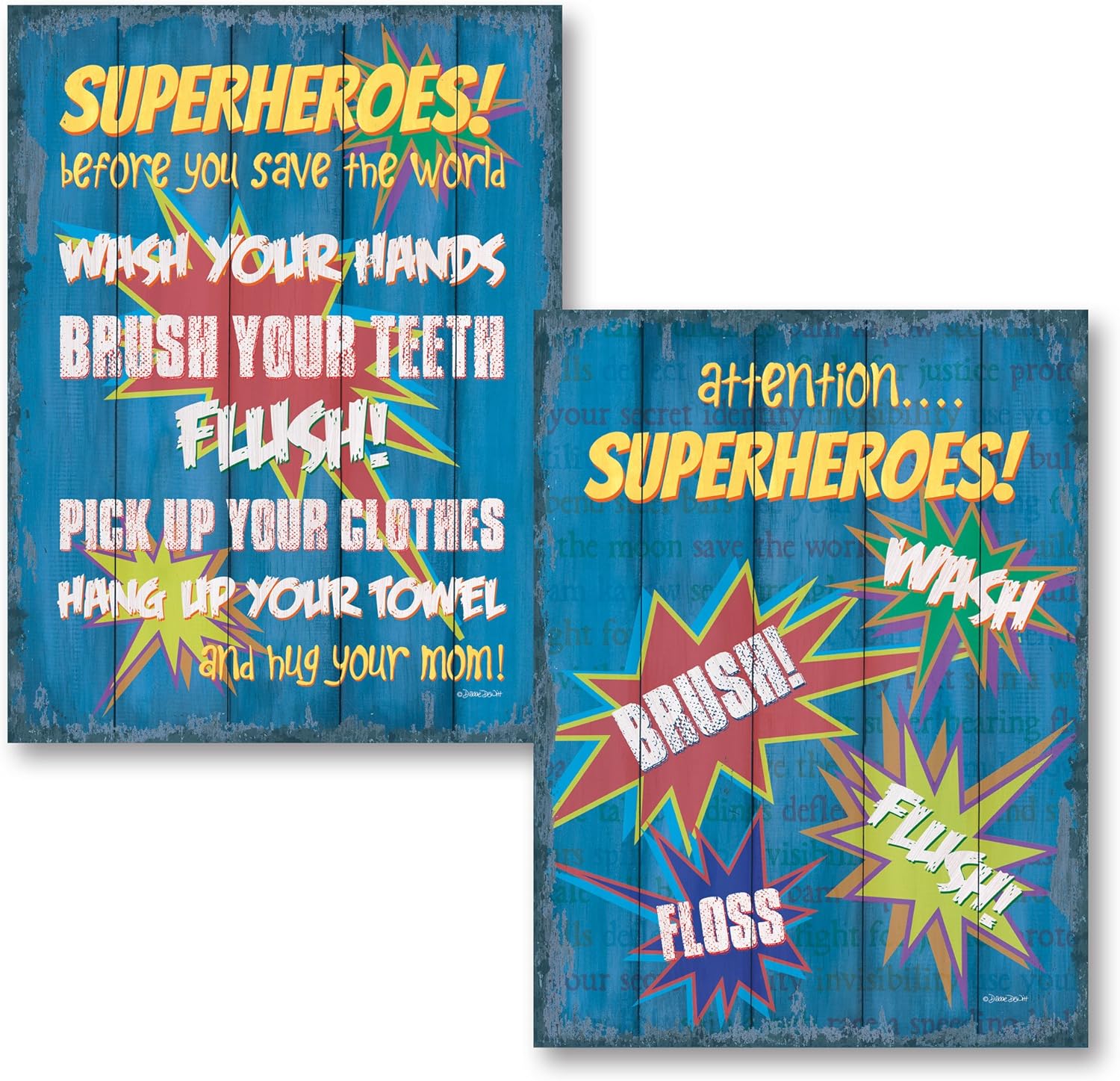 Gango Home Décor Traditional Superheroes Bath I & Superheroes Bath II by Debbie Dewitt (Printed on Paper); Two 12x16in Unframed Paper Posters