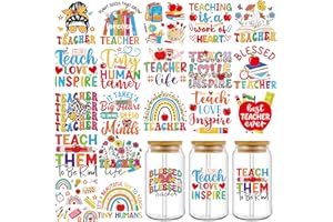 EOBECY UV DTF Cup Wrap Transfer Stickers: 20 Pcs Teacher Themed UV DTF Cup Wraps for 16 oz Glass Water Bottle, Colorful Pattern Uvdtf Sticker, Inspiring Quotes Rub on Transfers, DIY Craft Gifts
