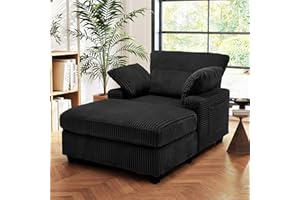 HANHERRY 57.6" D Chaise Lounge Chair Indoor with Ottoman, Oversized Corduroy Lounge Sleeper Sofa Chair, Comfy Reading Chair with Double-sided Armrest and Lumbar Support for Bedroom, Living Room, Office(Black)