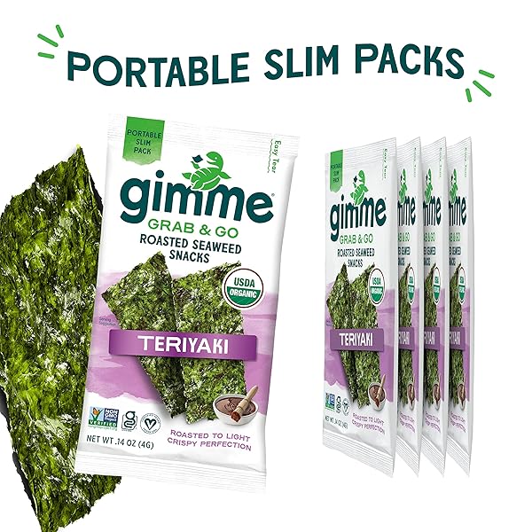 GIMME SEAWEED GRAB & GO ORGANIC PREMIUM ROASTED SEAWEED SNACKS, TERIYAKI, 5 COUNT TRAYLESS, KETO, VEGAN, GLUTEN-FREE, SOURCE OF OMEGA3S AND IODINE, HEALTHY ON-THE-GO SNACK FOR KIDS AND ADULTS