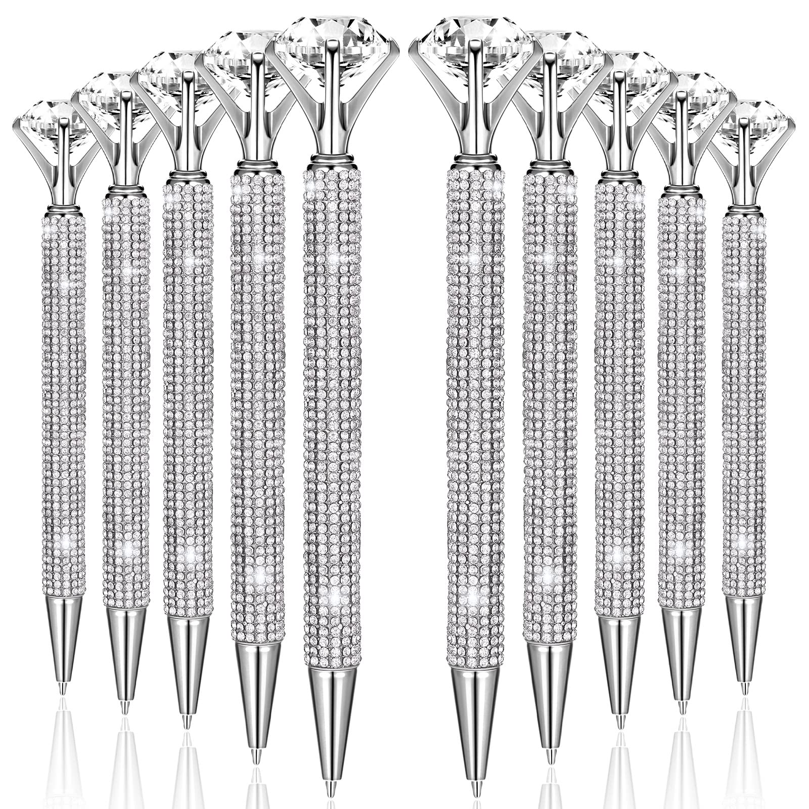 Photo 1 of 10 Pcs Big Diamond Pens with Crystal Bling Rhinestone Metal Glitter Ballpoint Pens Black Ink Retractable Cute Fancy Wedding bridal shower Gift Office Supplies for Birthday Women (Silver)