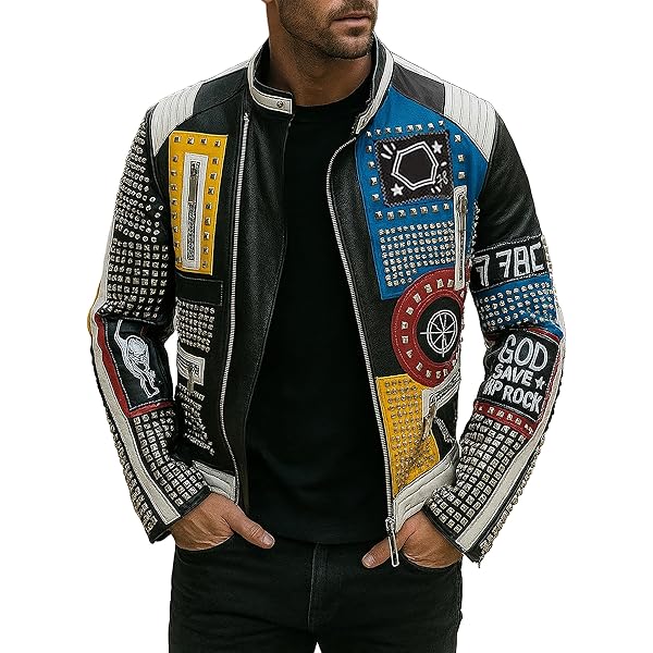 Mens Brando Black & Blue Spikes Studded Rock Punk Leather Jacket