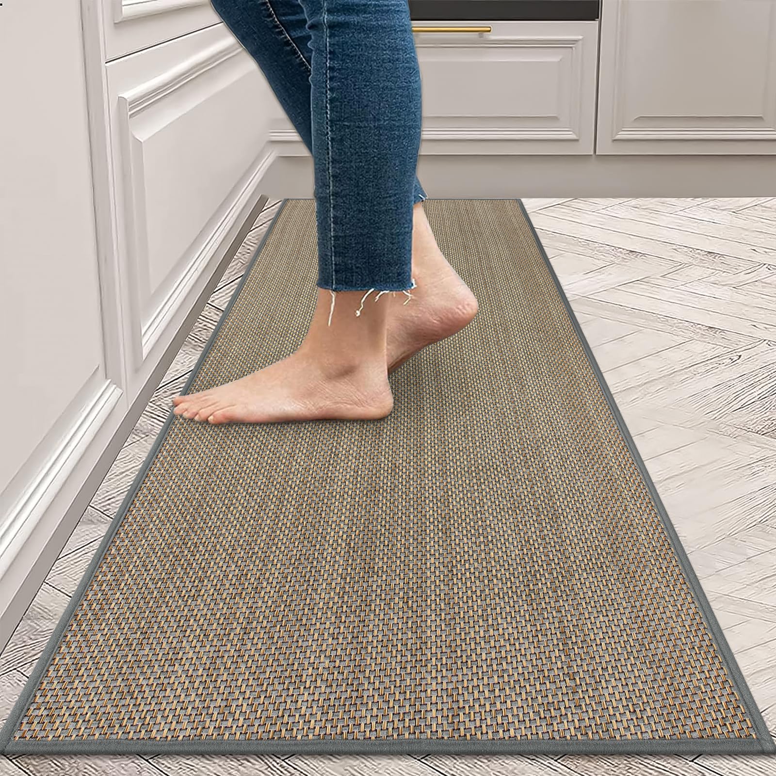 Photo 1 of KIMODE Washable Kitchen Rugs, Non Slip Farmhouse Kitchen Runner Rug 20"X47", Absorbent Black Kitchen Mats for Floor, Woven Kitchen Floor Mat for Front of Sink Entryway Hallway Laundry Room, Grey/Khaki