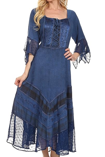 Sakkas Bexley Schaufel-Hals-Glockenärmel böhmischen Zigeuner gesticktes Korsett-Kleid