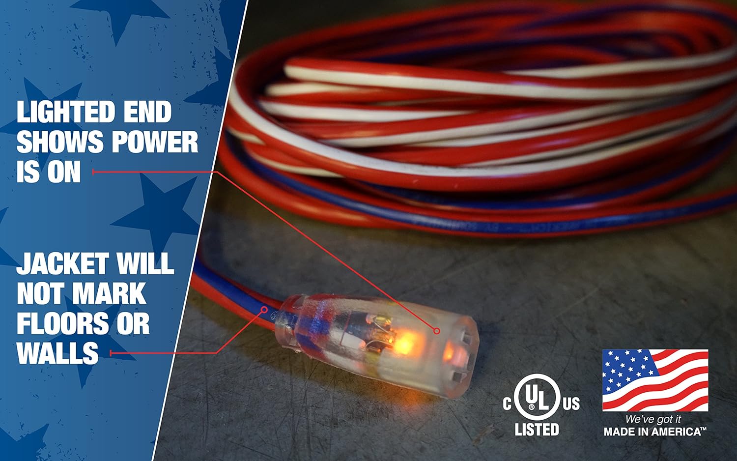 Southwire 2549SWUSA1 100-Feet, Contractor Grade, 12/3 Extension Cord, With Lighted End; Red White And Blue, American Made Extension Cord, Indoor and Outdoor Use, Water Resistant Flexible Jacket - Outdoor Extension Cord - 