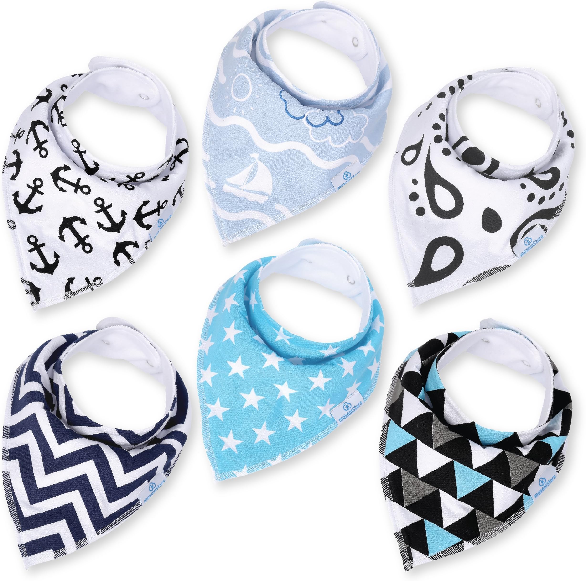 Baby Boy Bandana Drool Bibs - Set of 6 Cute Designs Extra-Soft Organic Cotton Bib for Delicate Skin, Perfect for Teething, Drooling, Breast Feeding, Burp & Spit-Up Messes, Outfit Accessory