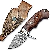 WARIVO KNIFE Handmade 6” Damascus Steel Neck Skinning Knife, Rosewood Handle with Steel Guard and Leather Sheath Best EDC Gift for Men and Women