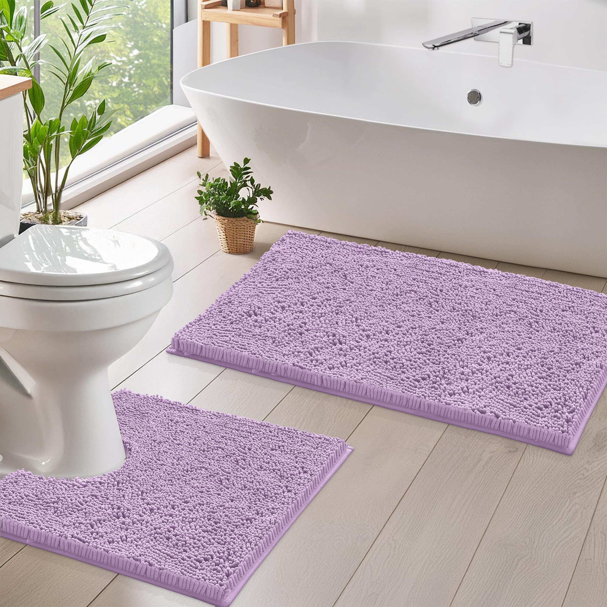 LuxUrux Luxury Chenille (2-Piece) Bath Mat Set, Soft Plush Anti-Slip Rug + Toilet Mat.1'' Microfiber Shaggy Carpet, Super Absorbent (Lavender, 80 x 50 cm + U Shaped 50 x 50 cm) — image 1