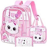 AO ALI VICTORY Clear Backpack for Boys Girls,15.6 Inch Kids Clear Backpack Set with Lunch Bag Pencil Case PVC Elementary Bookbag for School Students See Through Transparent Travel Back Pack,Pink Cat