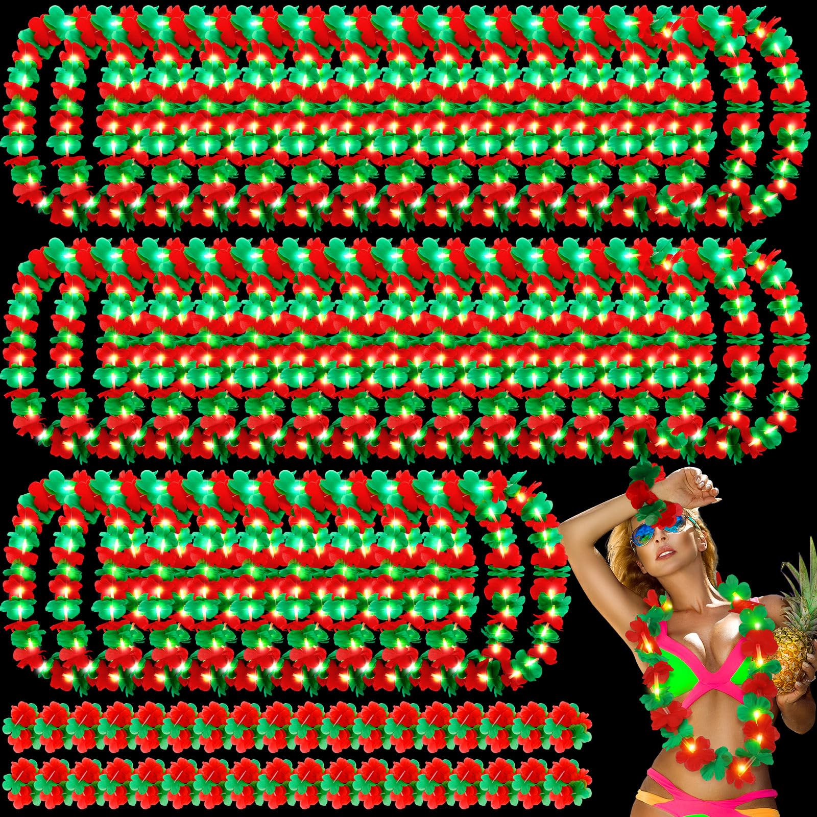 Photo 1 of Riceshoot 36 Pcs Hawaiian Christmas in July Leis for Luau Party Decorations Light up Leis Necklace and Wristband Red Green Flower for Christmas Hawaiian Tropical Themed Holiday Luau Party