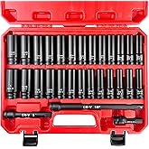 EACELIY 29pcs 1/2" Socket Set, Drive Deep Impact Socket Set, Including 3 ", 5", 10" Impact Extension Bar, Standard SAE (3/8 "- 1") and Metric (10mm-24mm), Cr-V Steel