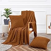 Aormenzy Knitted Throw Blanket (50" x 60") and 2 Pillow Covers (18" x 18"), 3 Piece Rust Brown Throw Blanket Set, Decorative Throw Blankets for Couch Sofa Bed Living Room