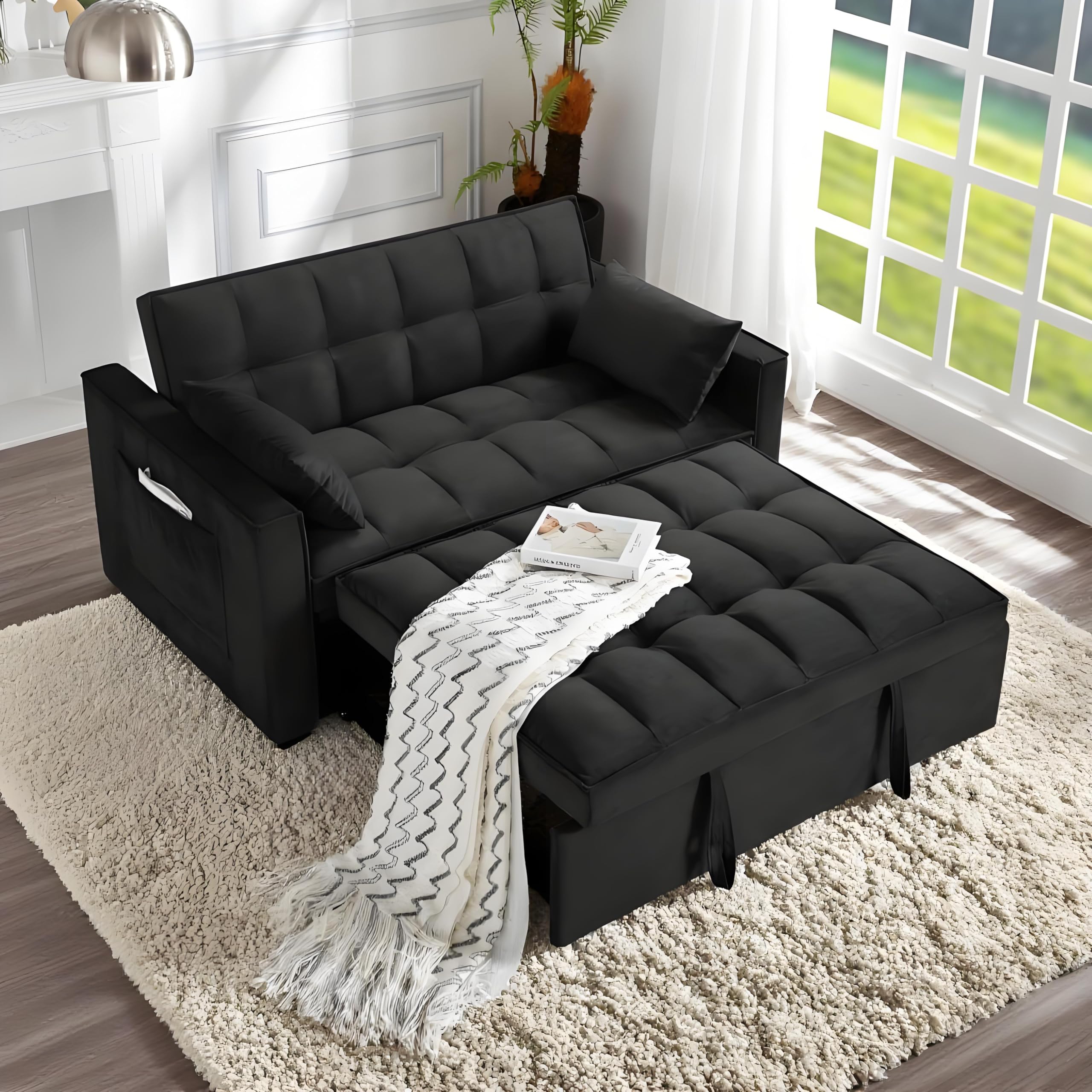 Photo 1 of LINKHOO Sleeper Sofa Bed, Convertible Small Pull Out Couch with 3-Position Adjustable Backrest and Pillows, Storage Side Pocket, 3 in 1 Loveseat Futon Couches for Small-Space, Midnight Black
