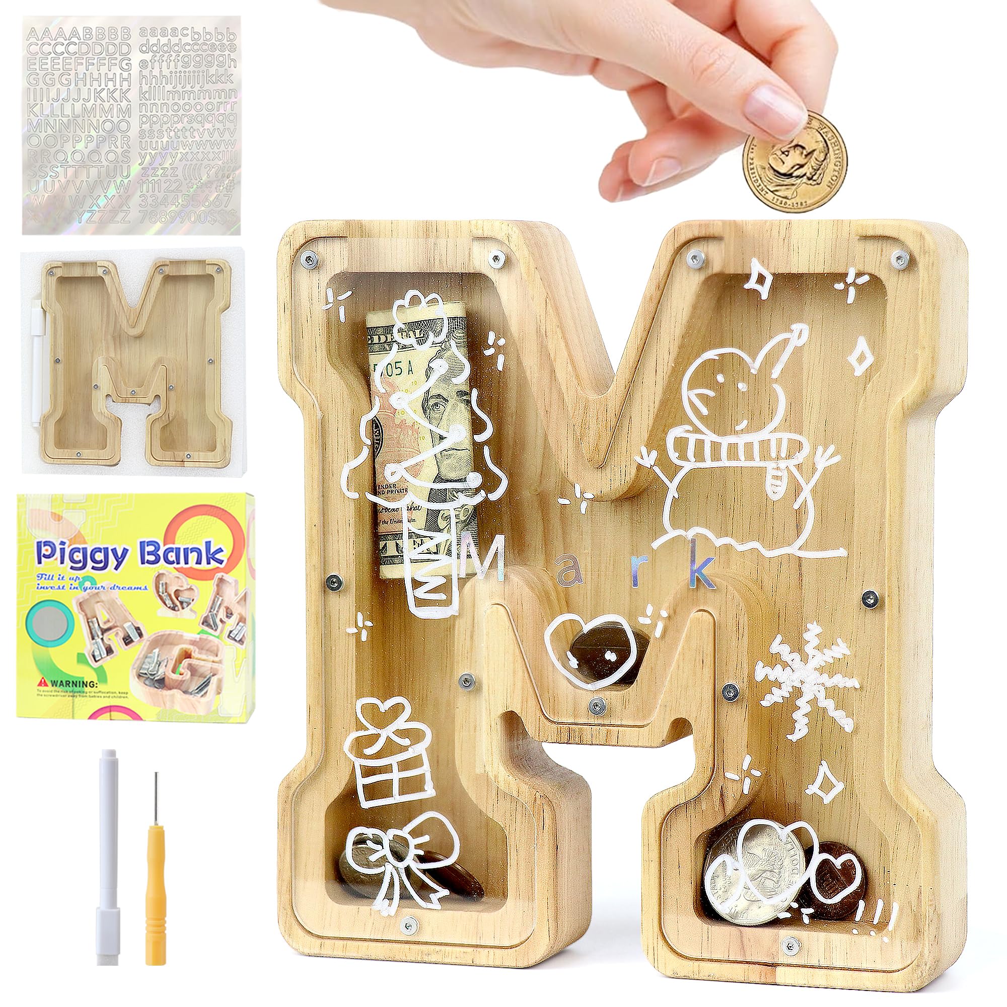 Mikytoper Money Box for Kids, Wooden Letter Piggy Banks for Kids, Personalized Money Box Clear Money Bank, Boys Girls Toddler Birthday Festival Gift (M)